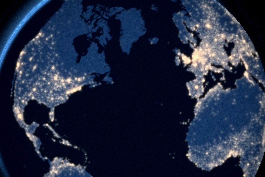 Earth at night, city lights across Asia, the Gulf and Europe