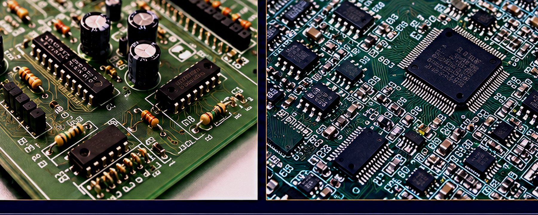 Through-hole board beside a dense surface mount board of the same generation