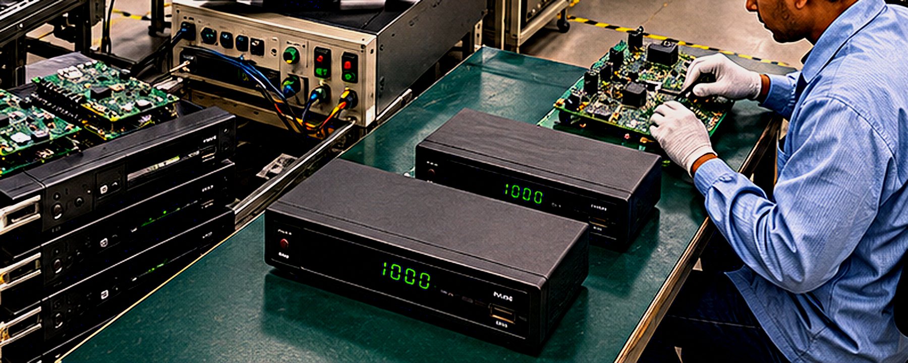 Finished set-top boxes on a test bench