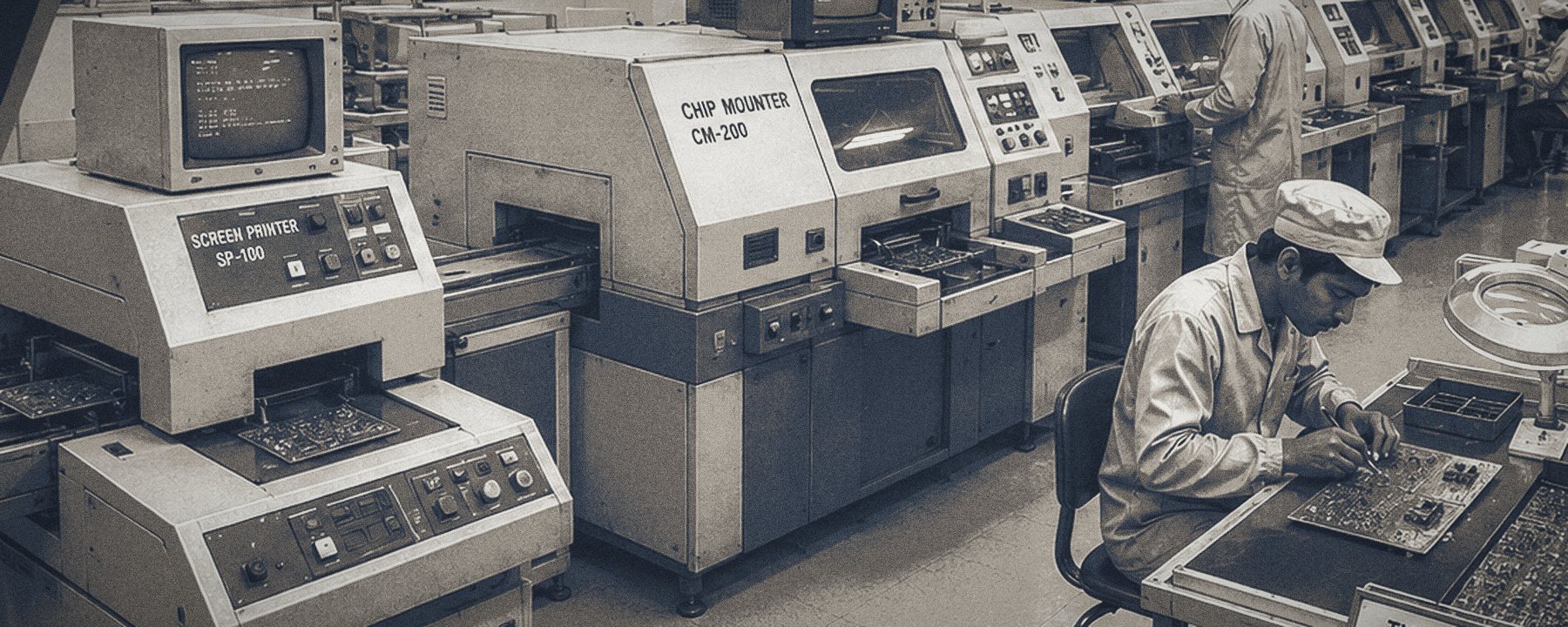 Early automated SMT line with chip mounter and screen printer