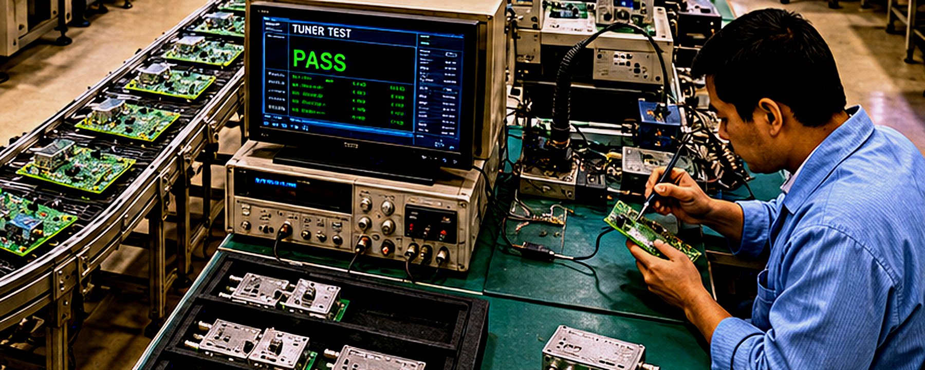 Technician testing a tuner module at an inspection station